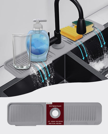 TakeGood.in's 5°slope kitchen sink splash guard-gray silicone faucet mat handle drip catcher tray behind faucet with soap dispenser hole-1pc water clear gadgets for sink accessories 5 by 24inch long organizer