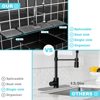 TakeGood.in's 5°slope kitchen sink splash guard-gray silicone faucet mat handle drip catcher tray behind faucet with soap dispenser hole-1pc water clear gadgets for sink accessories 5 by 24inch long organizer