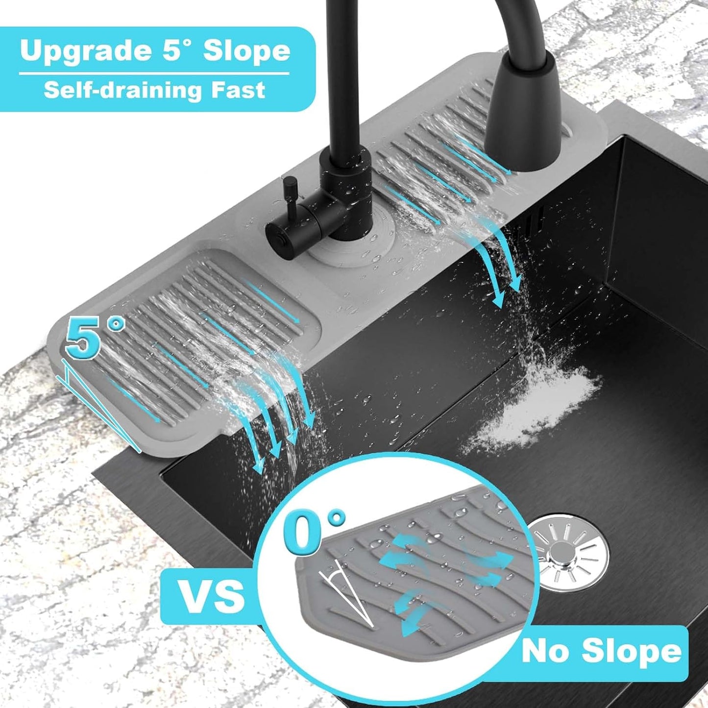 TakeGood.in's 5°slope kitchen sink splash guard-gray silicone faucet mat handle drip catcher tray behind faucet with soap dispenser hole-1pc water clear gadgets for sink accessories 5 by 24inch long organizer
