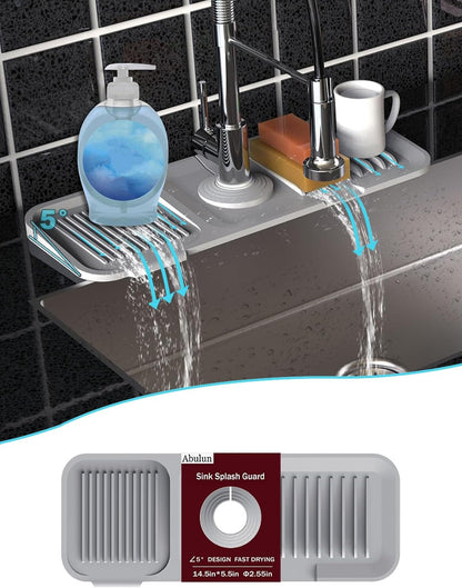 TakeGood.in's 5°slope kitchen sink splash guard-gray silicone faucet mat handle drip catcher tray behind faucet with soap dispenser hole-1pc water clear gadgets for sink accessories 5 by 24inch long organizer