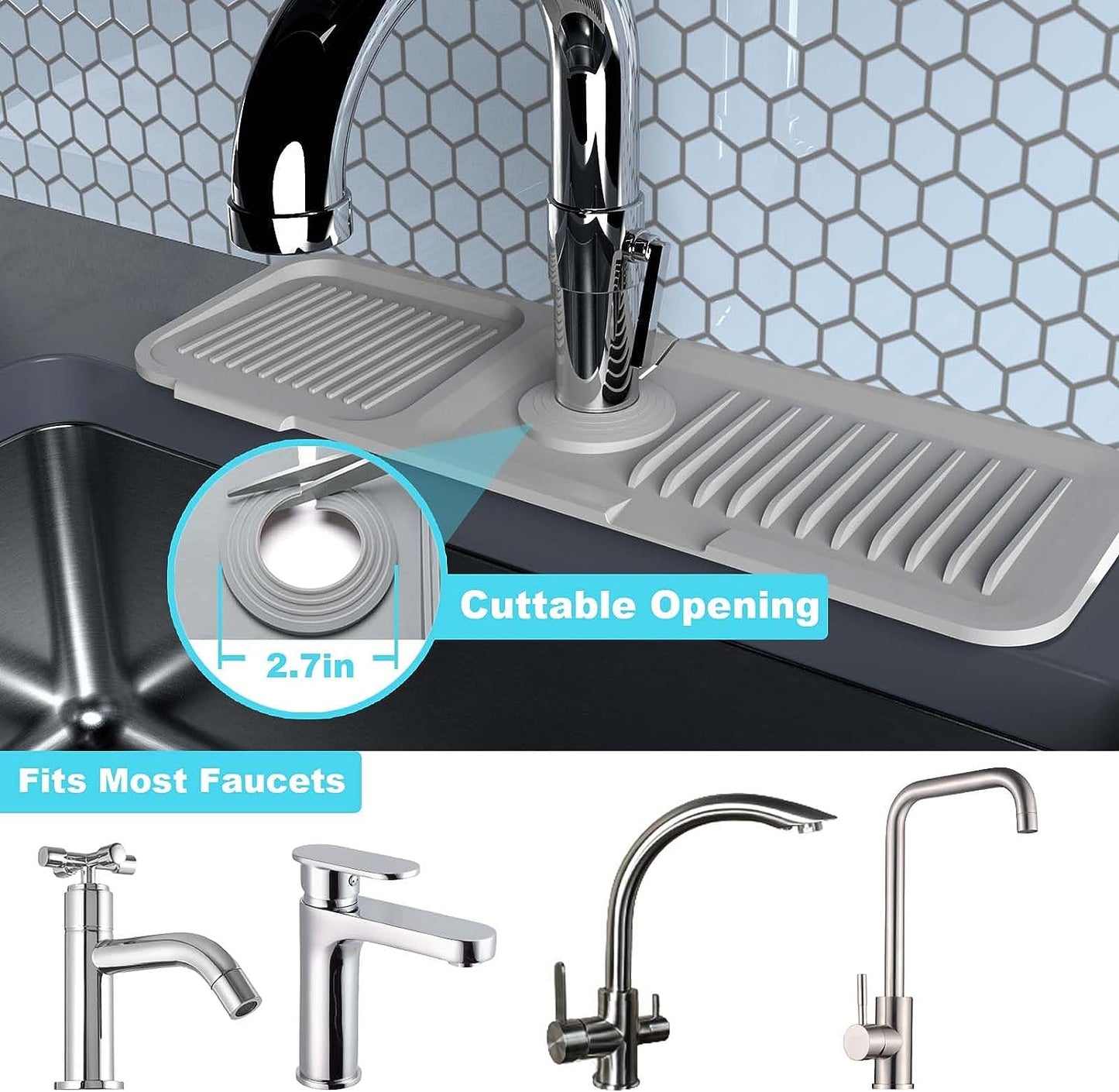 TakeGood.in's 5°slope kitchen sink splash guard-gray silicone faucet mat handle drip catcher tray behind faucet with soap dispenser hole-1pc water clear gadgets for sink accessories 5 by 24inch long organizer