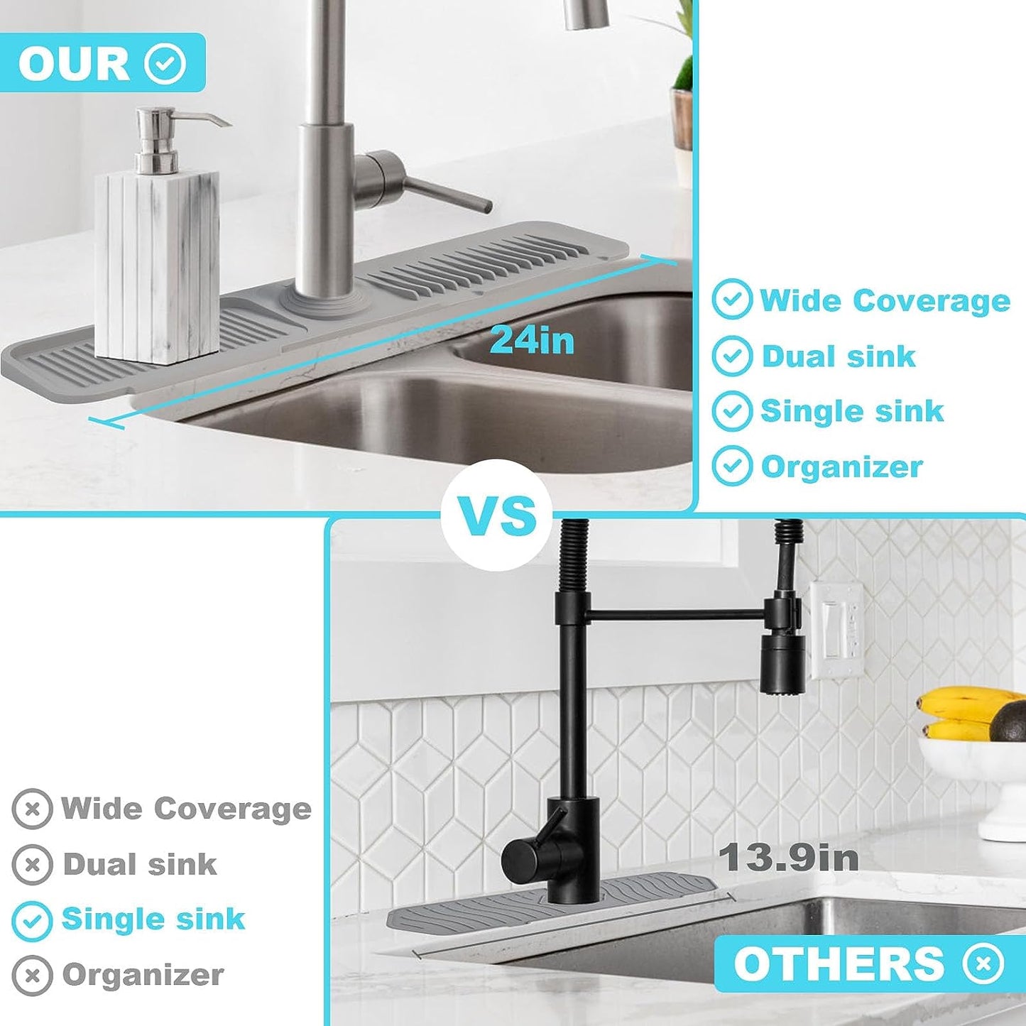 TakeGood.in's 5°slope kitchen sink splash guard-gray silicone faucet mat handle drip catcher tray behind faucet with soap dispenser hole-1pc water clear gadgets for sink accessories 5 by 24inch long organizer
