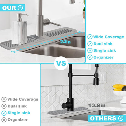 TakeGood.in's 5°slope kitchen sink splash guard-gray silicone faucet mat handle drip catcher tray behind faucet with soap dispenser hole-1pc water clear gadgets for sink accessories 5 by 24inch long organizer
