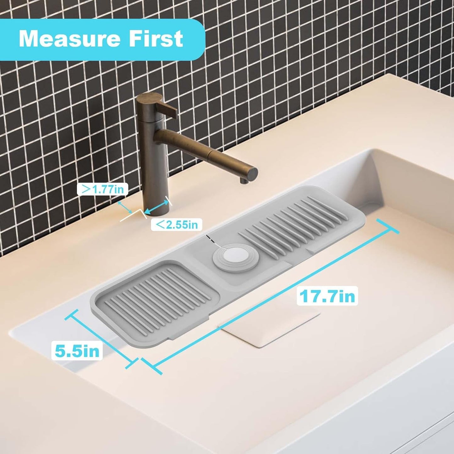 TakeGood.in's 5°slope kitchen sink splash guard-gray silicone faucet mat handle drip catcher tray behind faucet with soap dispenser hole-1pc water clear gadgets for sink accessories 5 by 24inch long organizer