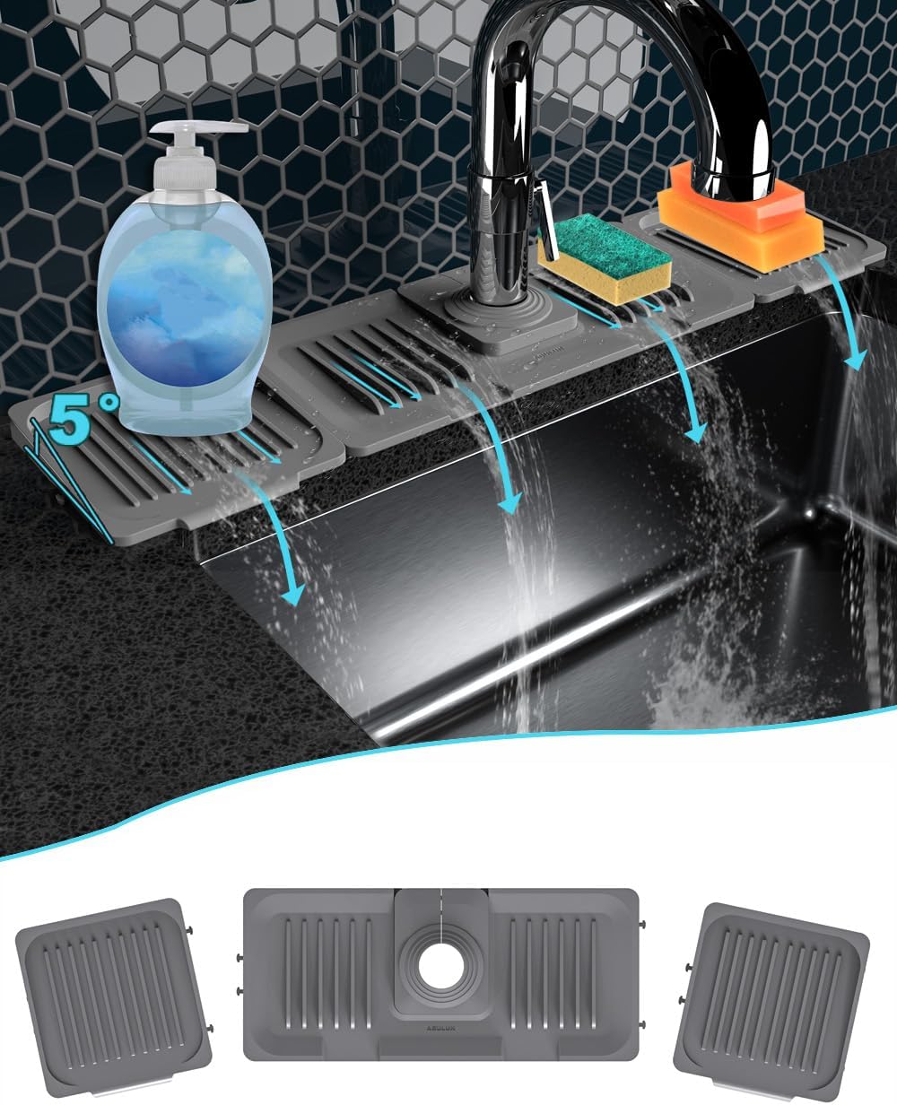 TakeGood.in's 5°slope kitchen sink splash guard-gray silicone faucet mat handle drip catcher tray behind faucet with soap dispenser hole-1pc water clear gadgets for sink accessories 5 by 24inch long organizer
