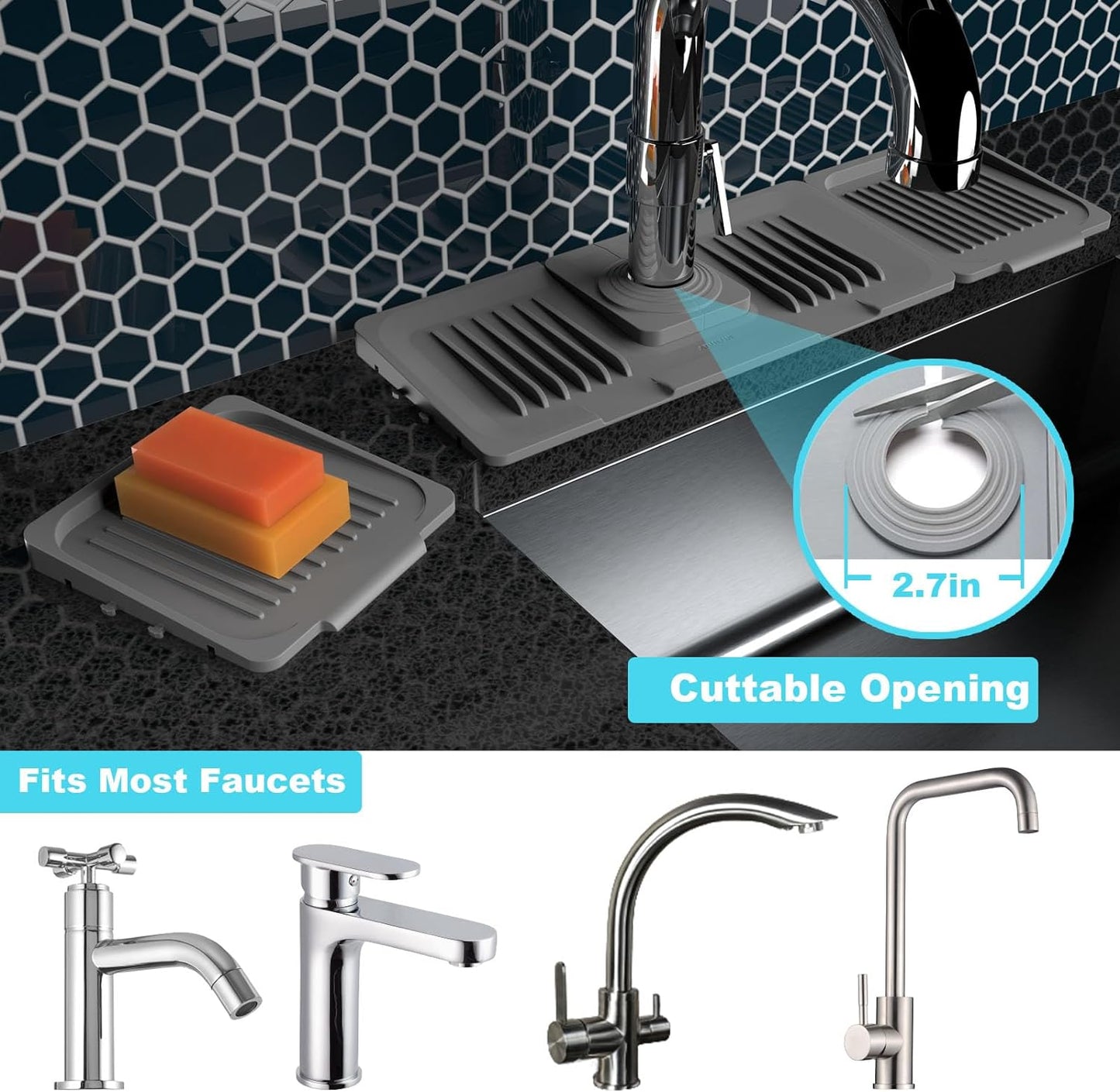 TakeGood.in's 5°slope kitchen sink splash guard-gray silicone faucet mat handle drip catcher tray behind faucet with soap dispenser hole-1pc water clear gadgets for sink accessories 5 by 24inch long organizer