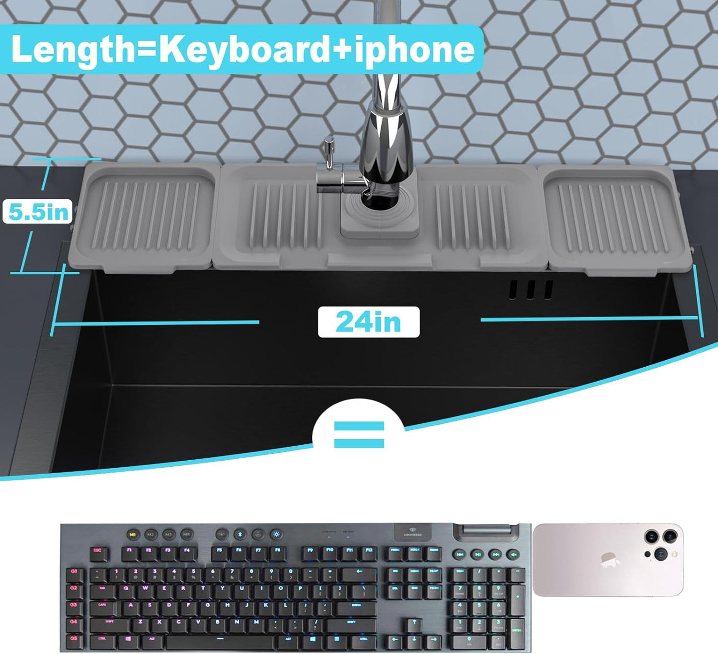 TakeGood.in's 5°slope kitchen sink splash guard-gray silicone faucet mat handle drip catcher tray behind faucet with soap dispenser hole-1pc water clear gadgets for sink accessories 5 by 24inch long organizer