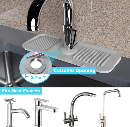 TakeGood.in's 5°slope kitchen sink splash guard-gray silicone faucet mat handle drip catcher tray behind faucet with soap dispenser hole-1pc water clear gadgets for sink accessories 5 by 24inch long organizer