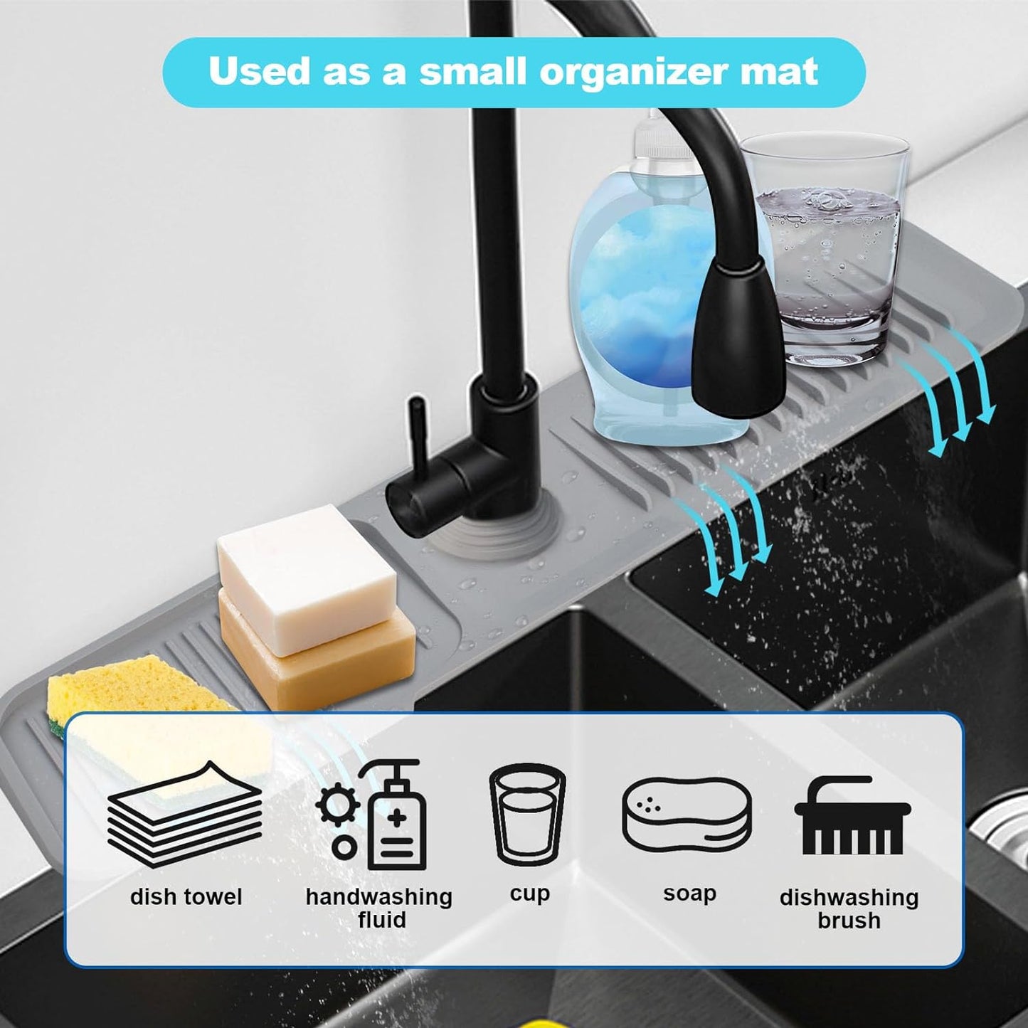 TakeGood.in's 5°slope kitchen sink splash guard-gray silicone faucet mat handle drip catcher tray behind faucet with soap dispenser hole-1pc water clear gadgets for sink accessories 5 by 24inch long organizer