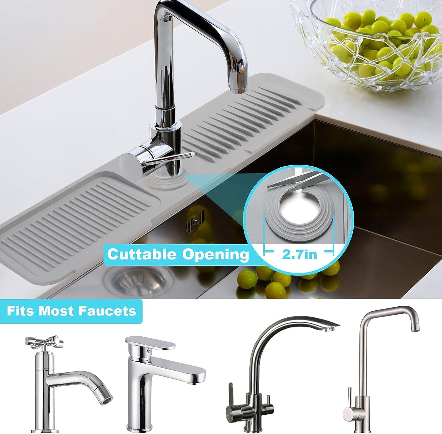 TakeGood.in's 5°slope kitchen sink splash guard-gray silicone faucet mat handle drip catcher tray behind faucet with soap dispenser hole-1pc water clear gadgets for sink accessories 5 by 24inch long organizer