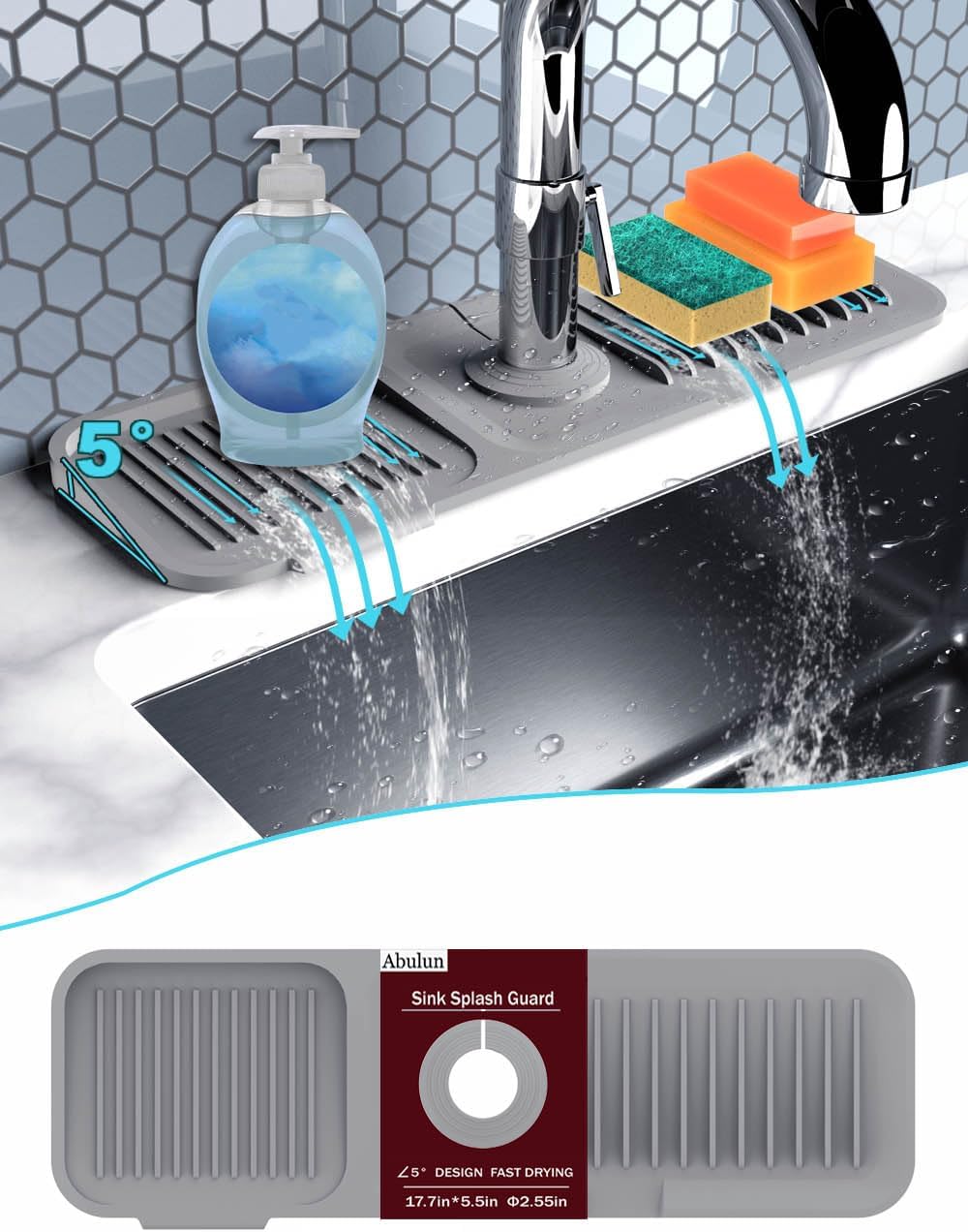 TakeGood.in's 5°slope kitchen sink splash guard-gray silicone faucet mat handle drip catcher tray behind faucet with soap dispenser hole-1pc water clear gadgets for sink accessories 5 by 24inch long organizer