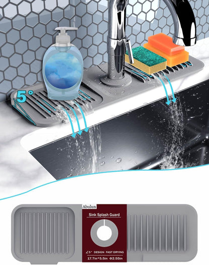 TakeGood.in's 5°slope kitchen sink splash guard-gray silicone faucet mat handle drip catcher tray behind faucet with soap dispenser hole-1pc water clear gadgets for sink accessories 5 by 24inch long organizer