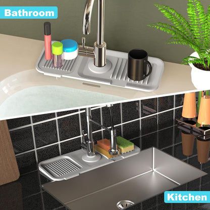 TakeGood.in's 5°slope kitchen sink splash guard-gray silicone faucet mat handle drip catcher tray behind faucet with soap dispenser hole-1pc water clear gadgets for sink accessories 5 by 24inch long organizer