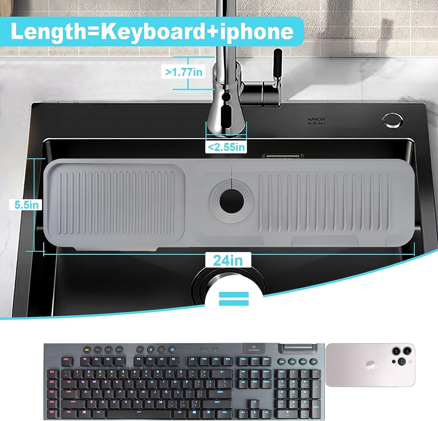 TakeGood.in's 5°slope kitchen sink splash guard-gray silicone faucet mat handle drip catcher tray behind faucet with soap dispenser hole-1pc water clear gadgets for sink accessories 5 by 24inch long organizer