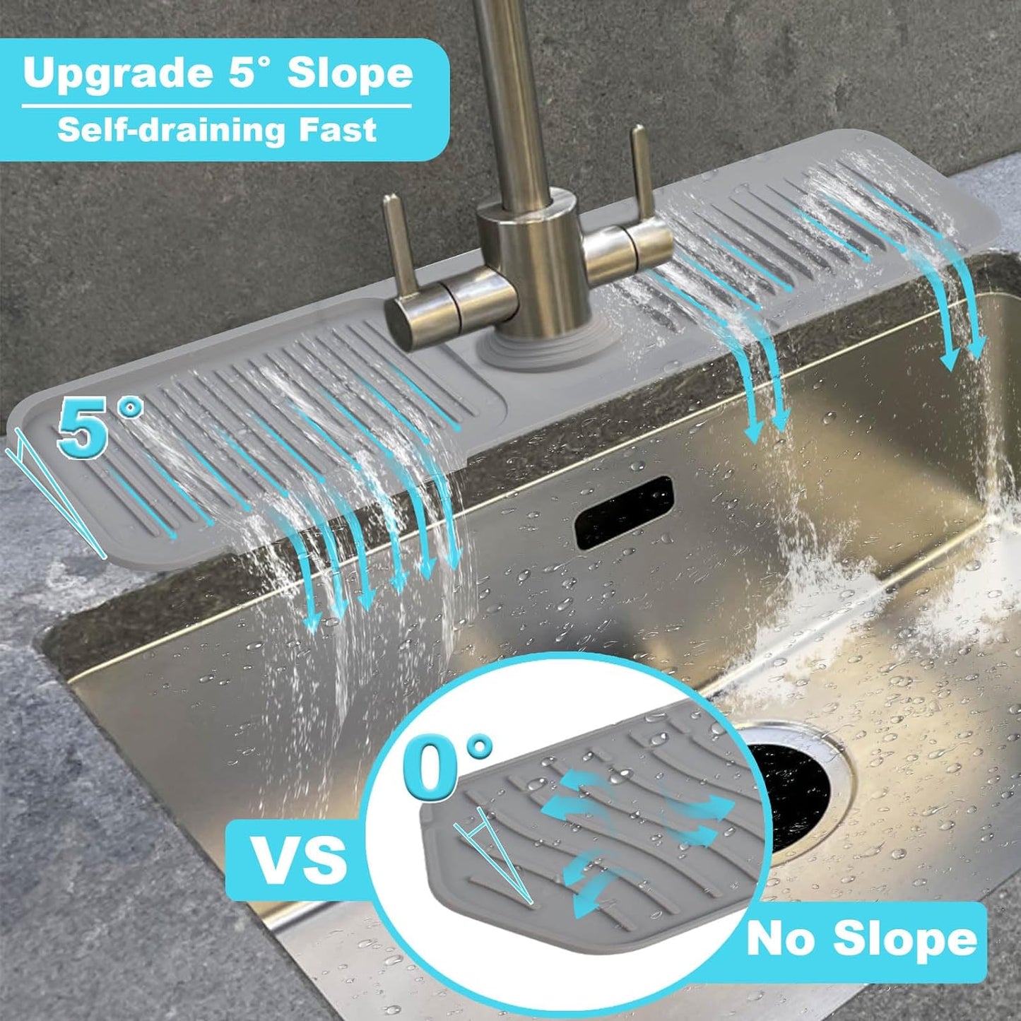 TakeGood.in's 5°slope kitchen sink splash guard-gray silicone faucet mat handle drip catcher tray behind faucet with soap dispenser hole-1pc water clear gadgets for sink accessories 5 by 24inch long organizer