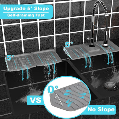 TakeGood.in's 5°slope kitchen sink splash guard-gray silicone faucet mat handle drip catcher tray behind faucet with soap dispenser hole-1pc water clear gadgets for sink accessories 5 by 24inch long organizer