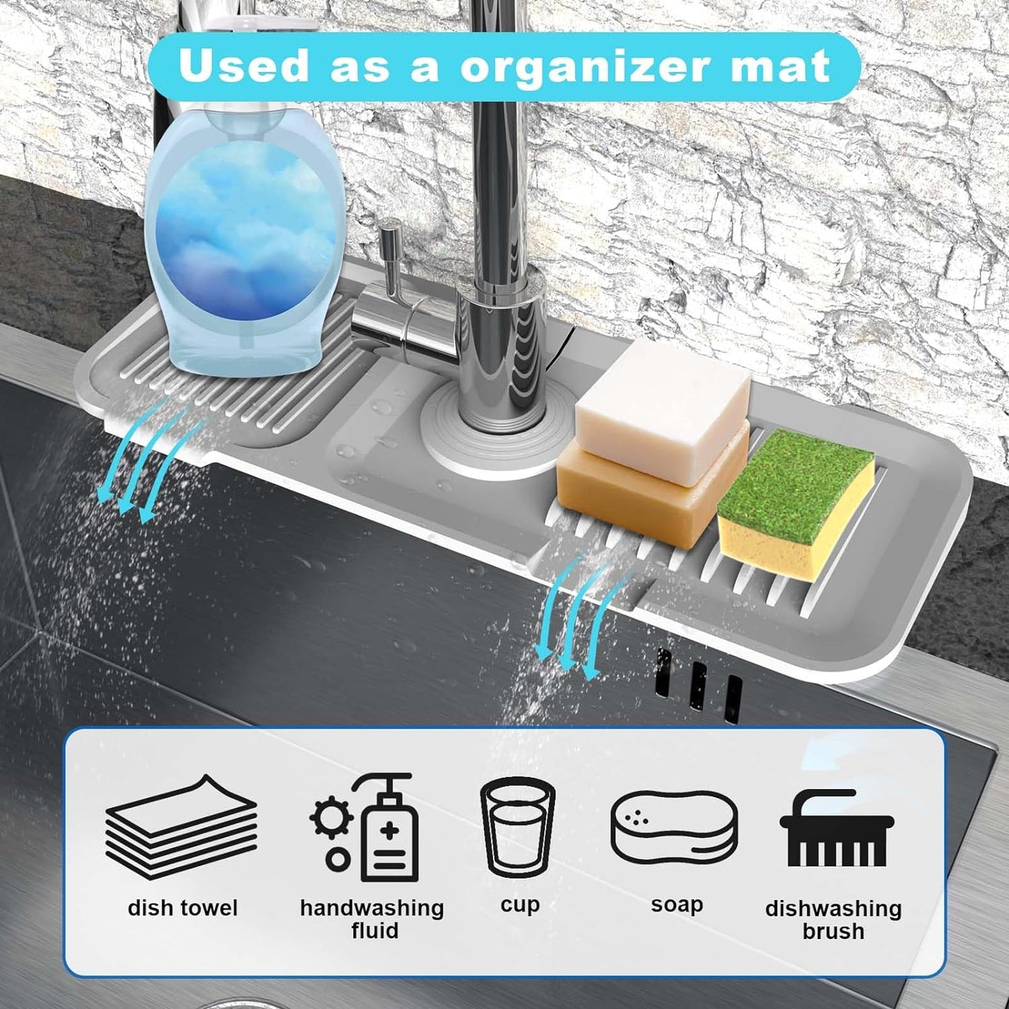 TakeGood.in's 5°slope kitchen sink splash guard-gray silicone faucet mat handle drip catcher tray behind faucet with soap dispenser hole-1pc water clear gadgets for sink accessories 5 by 24inch long organizer