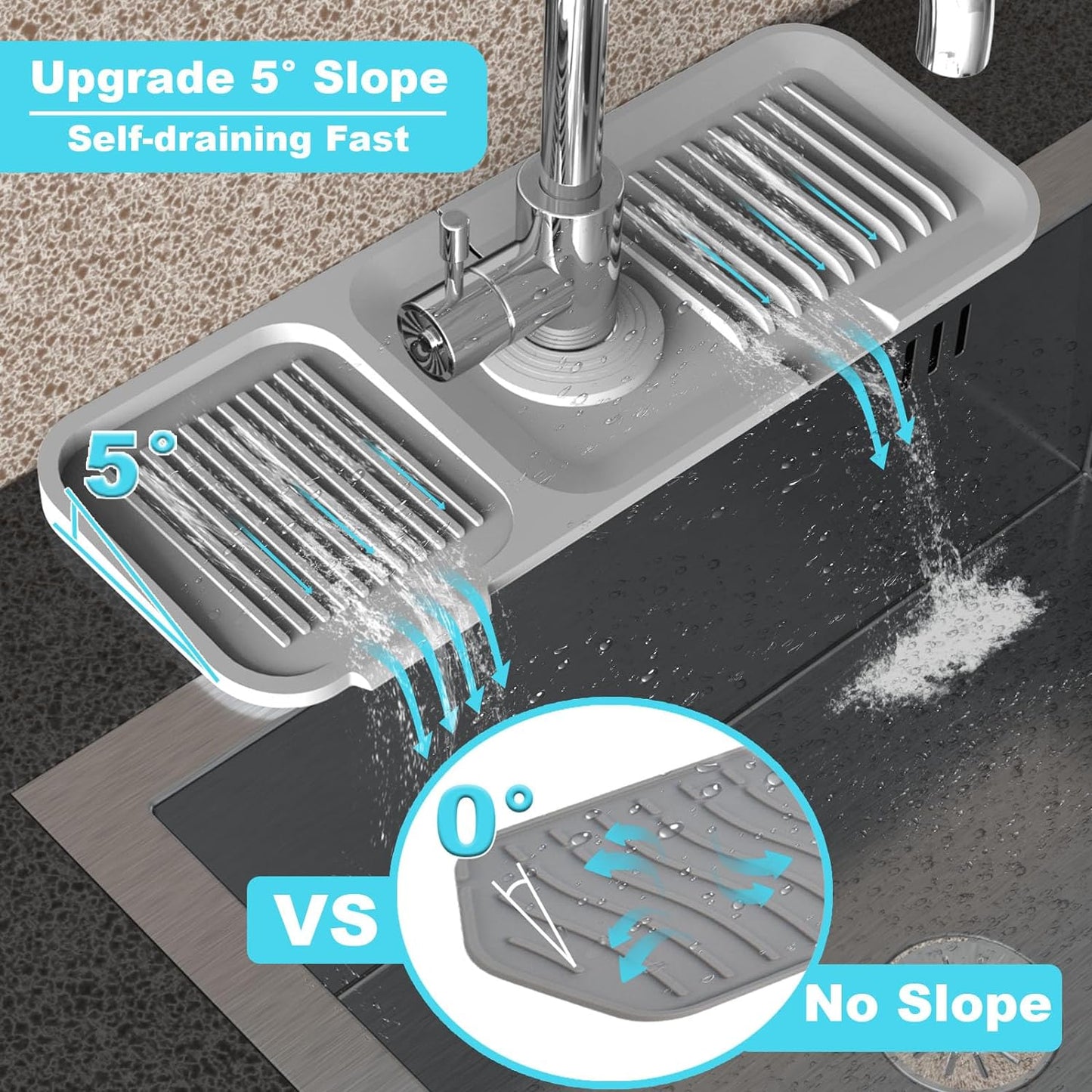 TakeGood.in's 5°slope kitchen sink splash guard-gray silicone faucet mat handle drip catcher tray behind faucet with soap dispenser hole-1pc water clear gadgets for sink accessories 5 by 24inch long organizer